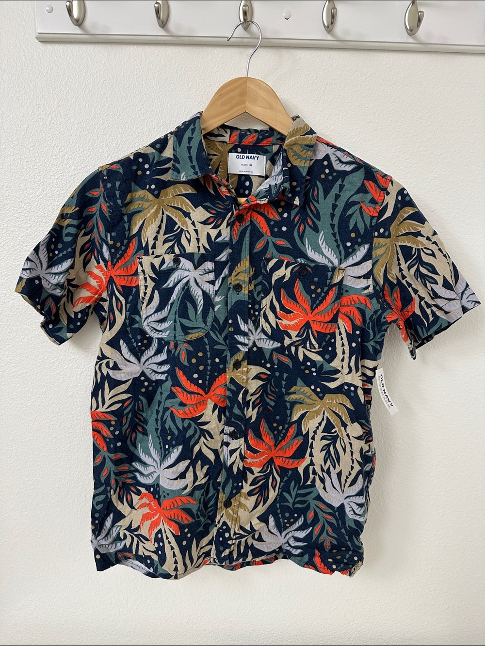 Old Navy XL 14/16 Kids Short-Sleeve Tropical Button Up Shirt Navy Orange, Green